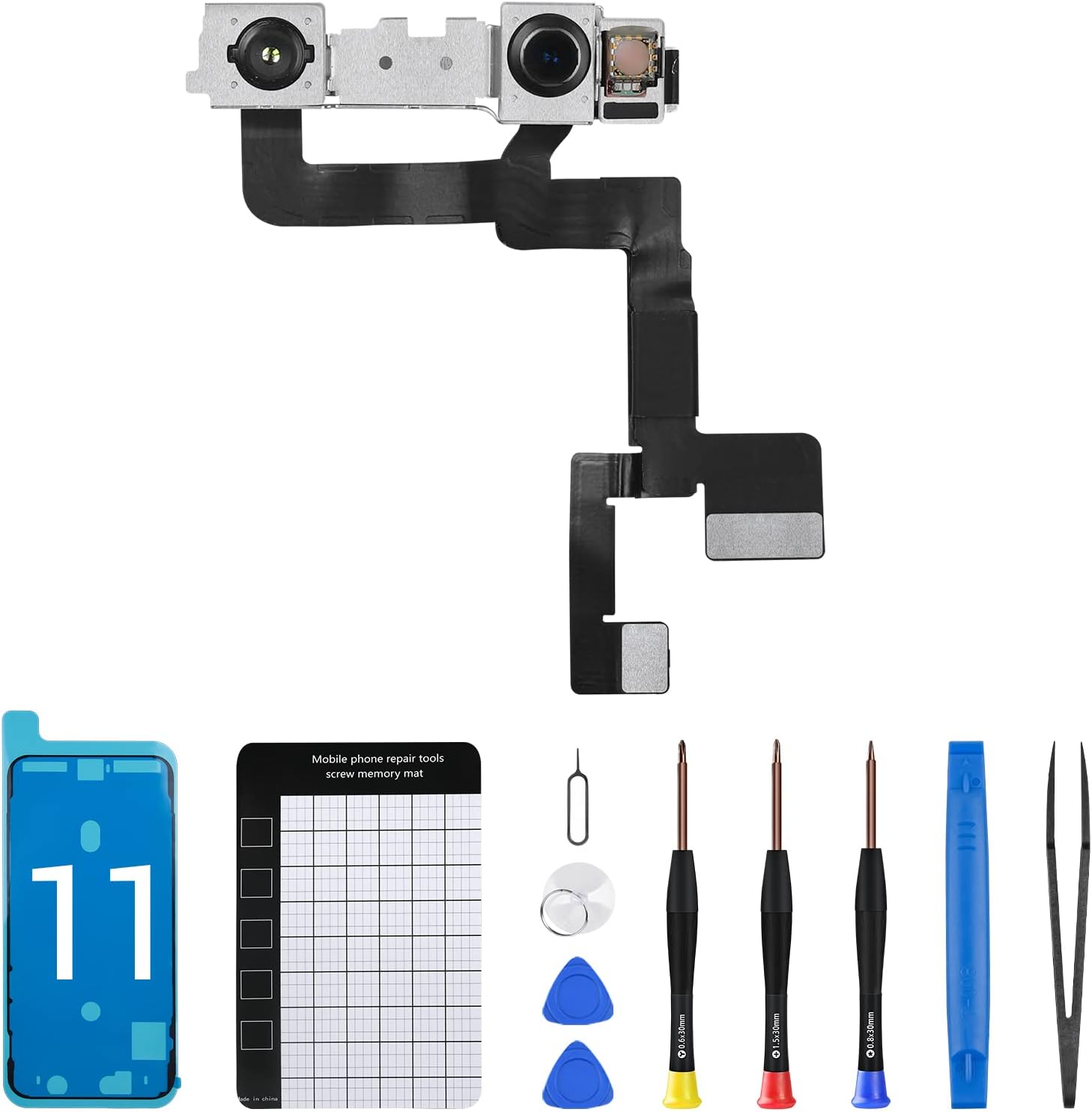 for iPhone 11 Front Camera Replacement OEM New 12MP Face Front Camera Part Facing Lens Module Transmitter Light Receiver Flex Cable Connector Repair Fix Tools Kit for A2111 A2223 A2221
