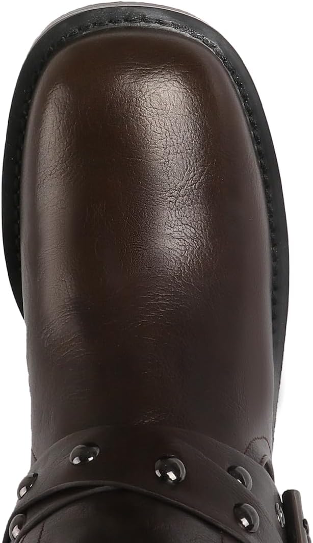 Agodor Women's Mid Calf Boots Chunky Low Heel Riding Buckle Boot for Women, Squared Toe Motorcycle Boots Slip On Riding Biker Booties