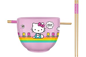 Hello Kitty Spring & Summer Flowers Rainbow Stripes Ceramic Ramen Noodle Rice Bowl with Chopsticks