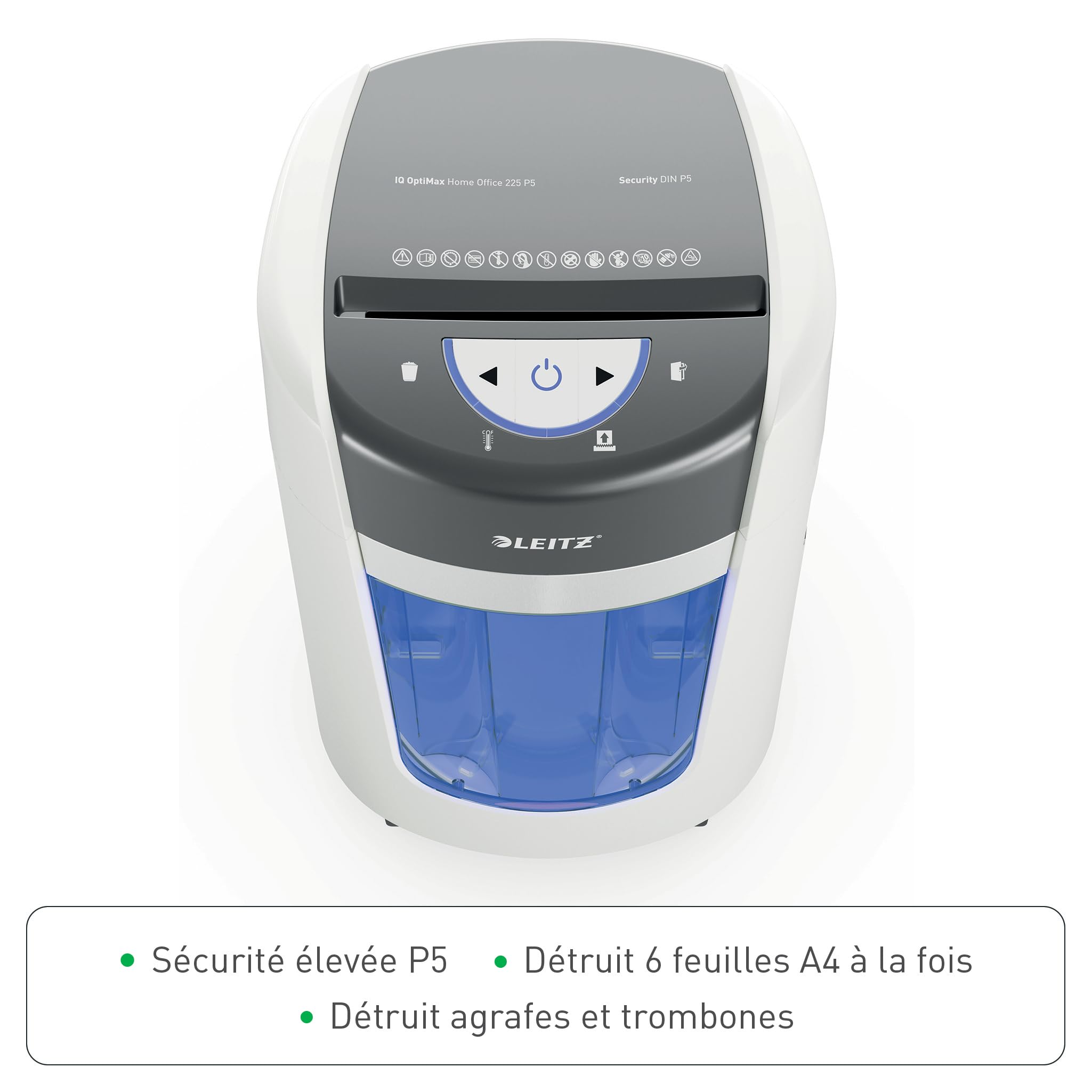 Leitz IQ Optimax Home Office 225 Destructeur de Papier Coupe Micro P5, 8-6 Feuilles, 225 x A4 (15L)