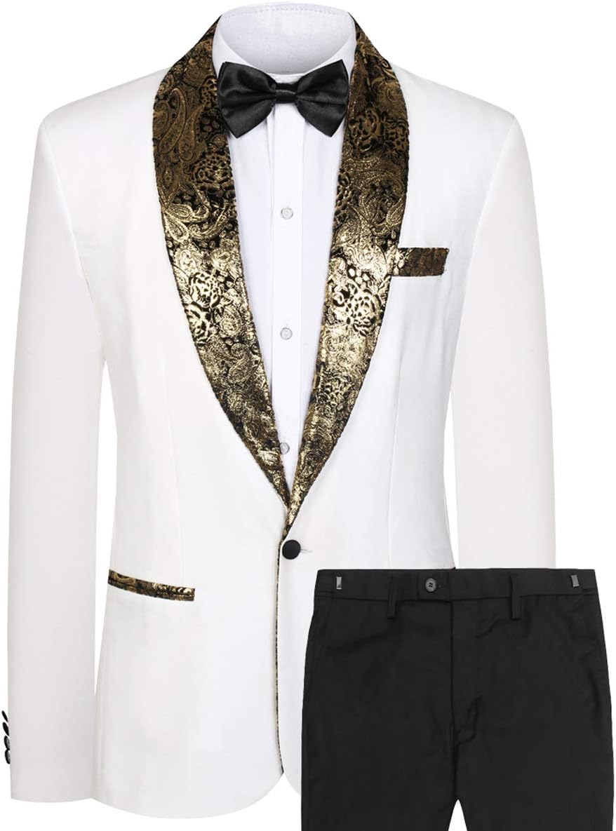 CMDC Men's Blazer 2 Pieces One Button Slit Pocket Wedding Groom Suit Sets(White,50)