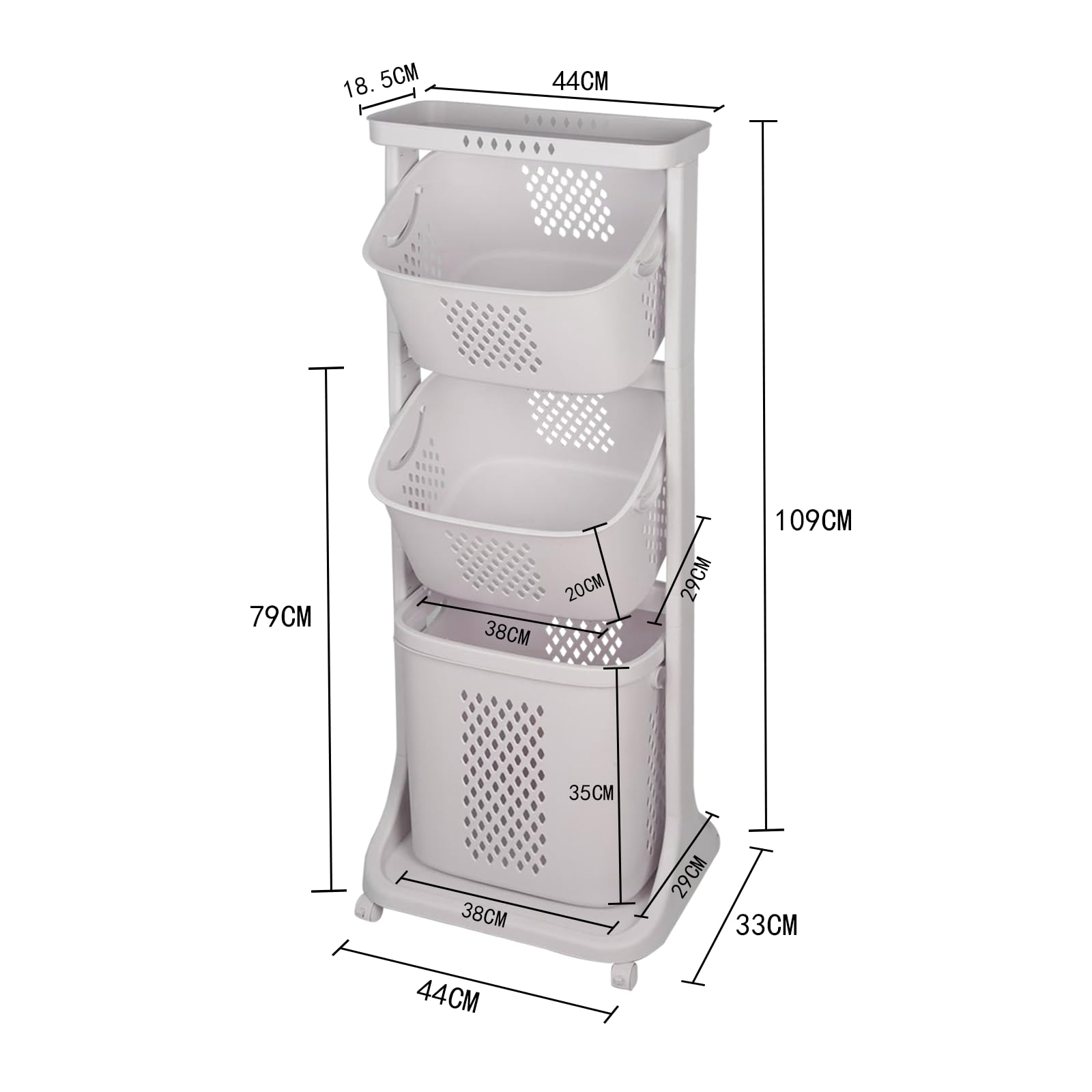 Cesto portabiancheria, Carrello portaoggetti da cucina, Cestino per biancheria con 3 cestini rimovibili, con ruote, moderno, speciale per bagno e lavanderia, per giocattoli, 44 x 33 x 110 cm (1 pezzo