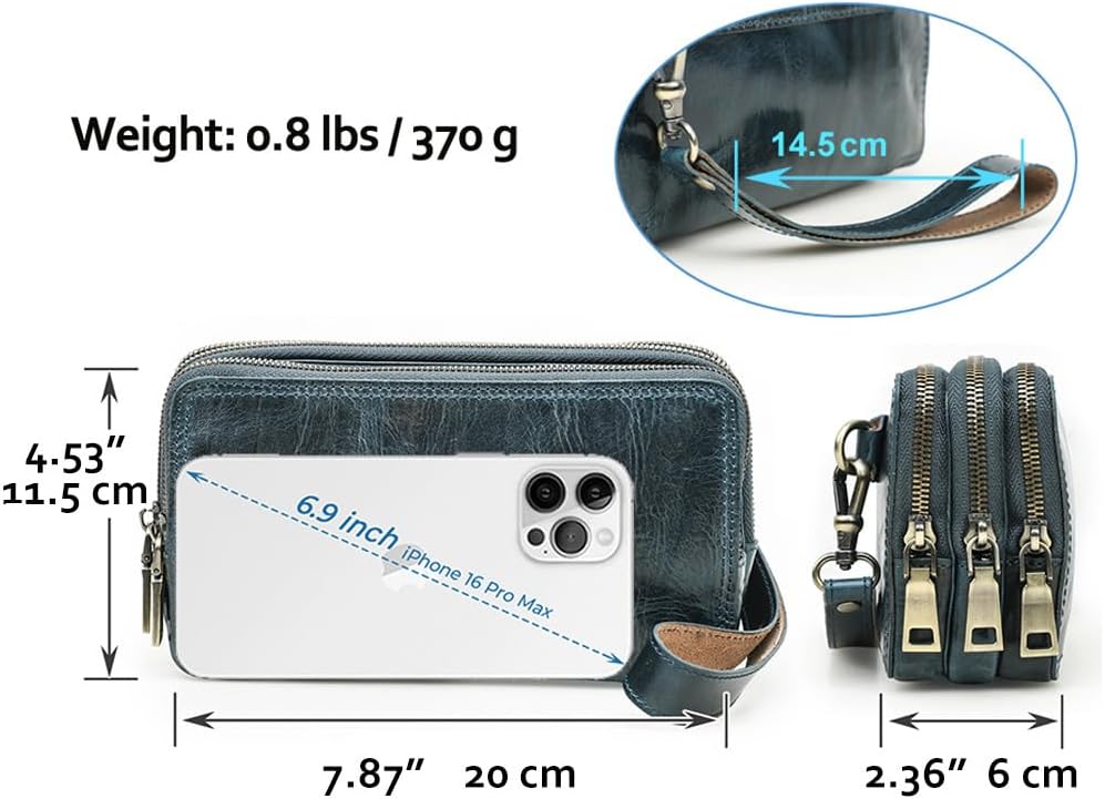 CONTACTS Wristlet Clutch Purses for Women and Men Full Grain Leather Small Crossbody Bag Clutch Wallet Unisex Shoulder Handbag with 3 Zip Compactments (Dark Blue)