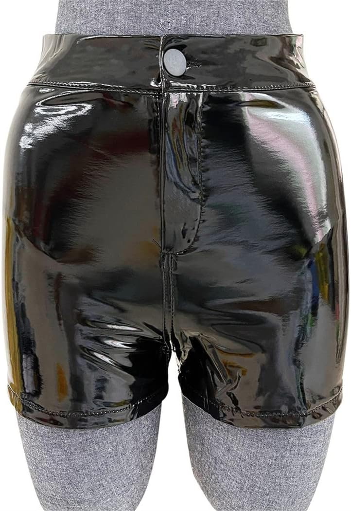 Womens Elastic High Waist Wet Look Faux PU Leather Short Pants Goth Shorts Sexy Pole Dance Mini Shorts