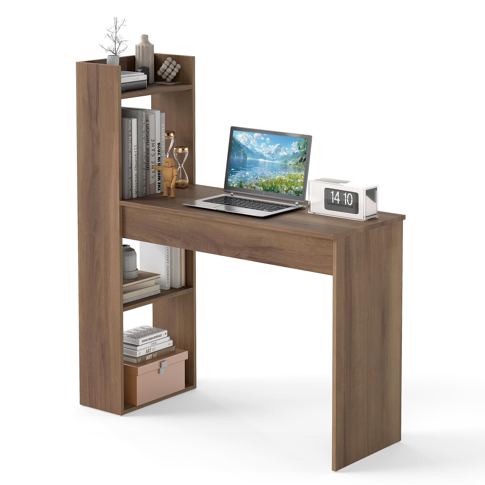 COSTWAY 110cm/122cm Computer Desk, Wooden PC Laptop Table Writing Workstation with 4/6-Tier Storage Bookshelves, Modern Home Office Working Study Desk (Knotty Oak, 110 x 40 x 121cm)