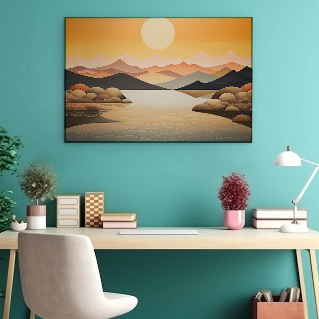 Canvas for Living room. Serene Sunset Serenade: A Lakeside Oasis Cradled by Mountain Majesties, 27 x 18 inch Canvas Wall Art - Beach Sunsets And Sunrises - Modern Home Decor