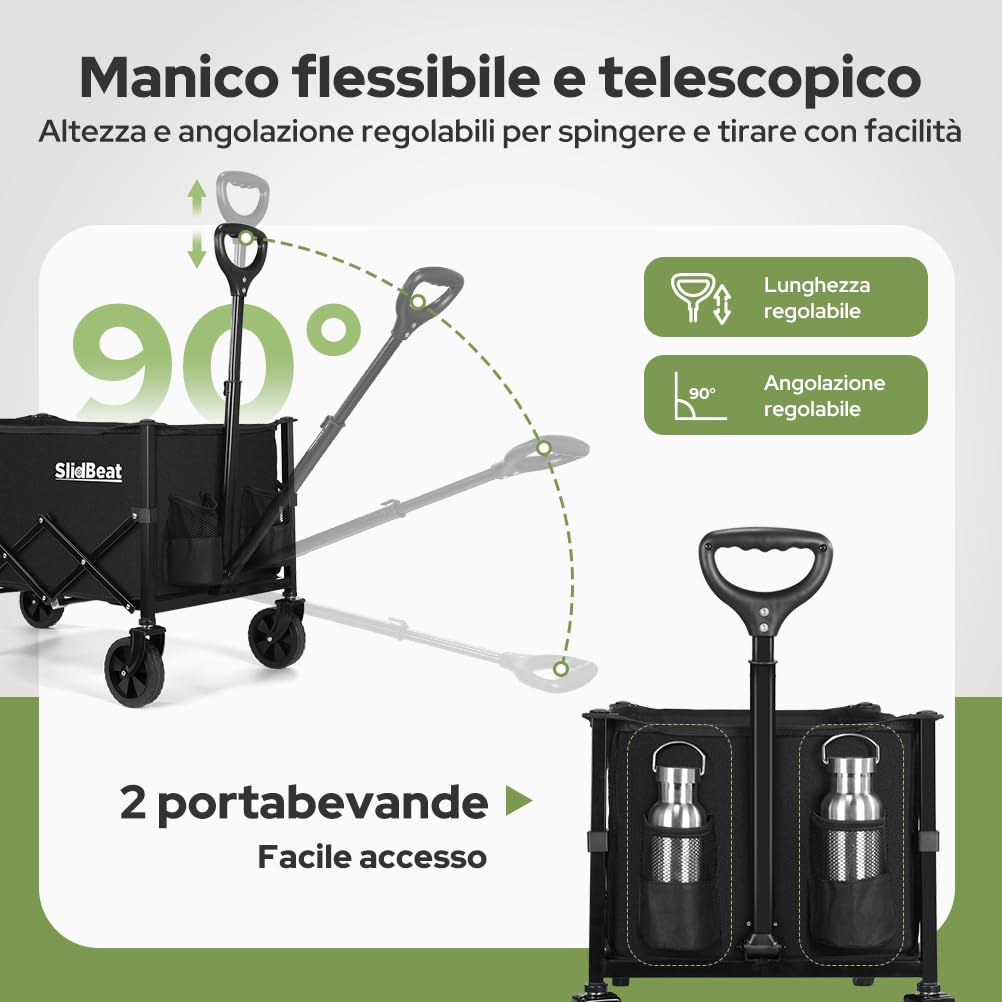SLIDBEAT - Carrello Pieghevole 120L, Carrello da Campeggio Portatile 100kg, Carrellino Spiaggiacon Maniglia Regolabile Adatto a Tutti i Terreni