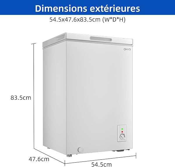 Congélateur coffre CHiQ 99L, 54,5 x 47,6 x 83,5 cm, Conception compacte, Congélation 4 étoiles, Contrôle du thermostat, Grille métallique, Porte stationnaire, Niveau sonore faible, Blanc FCF98DE - 4