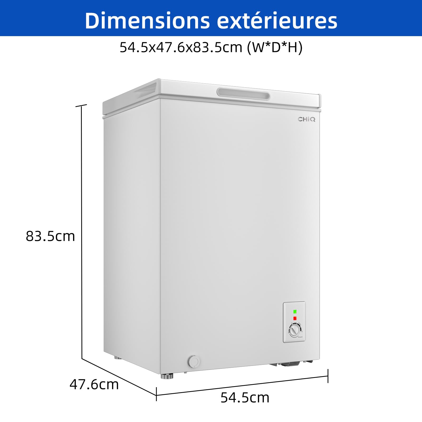 Congélateur coffre CHiQ 99L, 54,5 x 47,6 x 83,5 cm, Conception compacte, Congélation 4 étoiles, Contrôle du thermostat, Grille métallique, Porte stationnaire, Niveau sonore faible, Blanc FCF98DE - 4