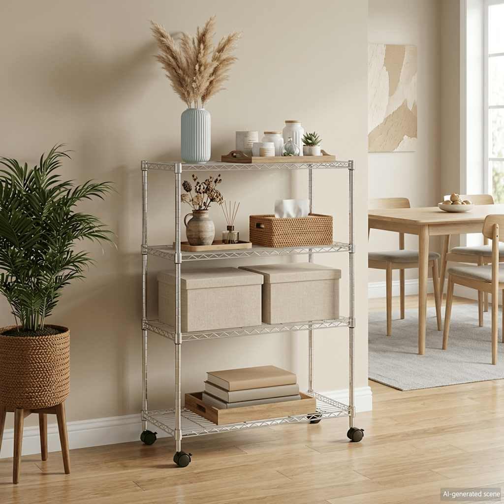 Étagère de Rangement 4 Niveaux et Roues 90x35x142 cm Chrome,Entreprise & Industrie,Stockage Industriel,Étagères industrielles,8.3 kg-324627