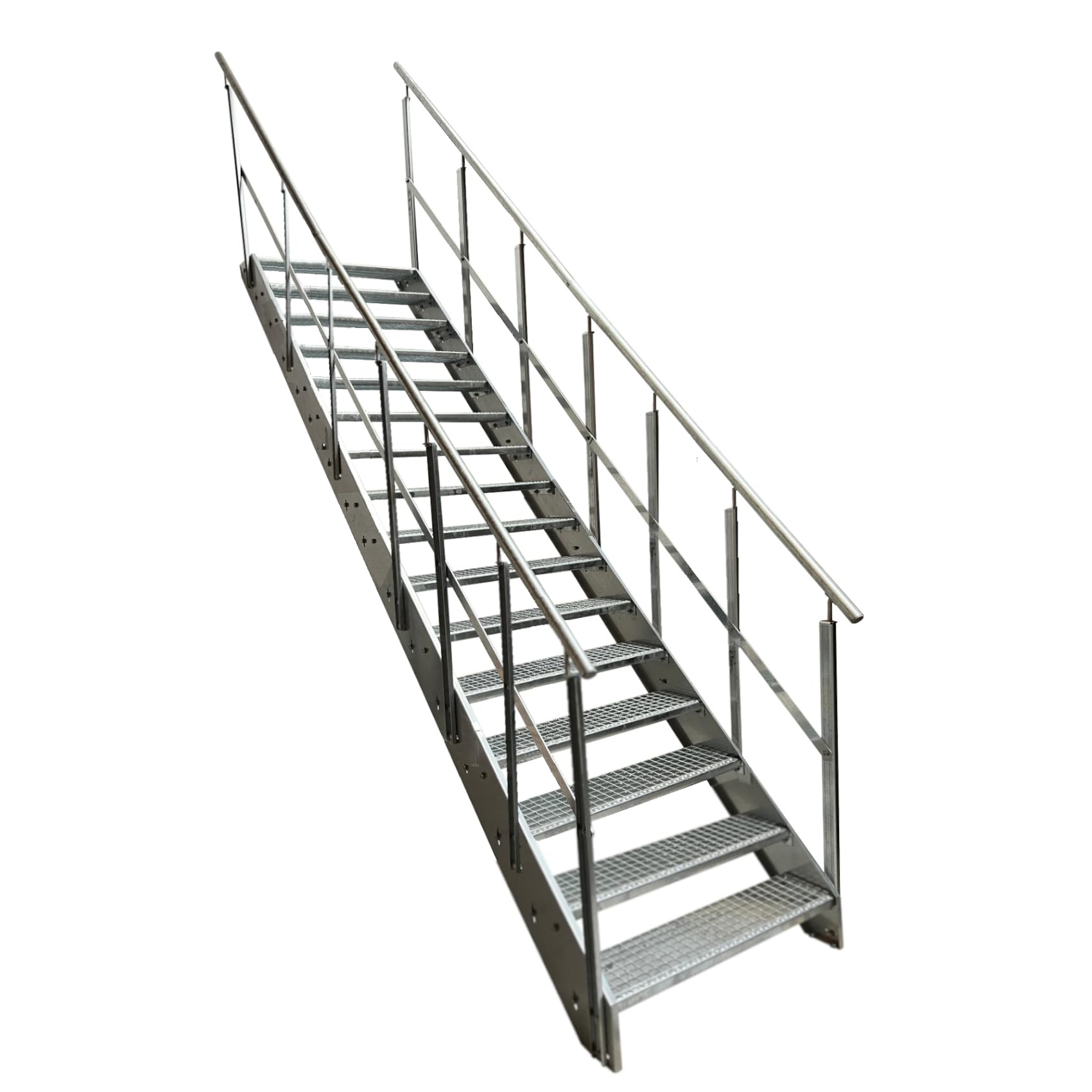 Escalier en acier de qualité supérieure avec garde-corps des deux côtés entièrement galvanisé / 16 marches en caillebotis (largeur 600 mm) (hauteur 304 cm), résistant aux intempéries