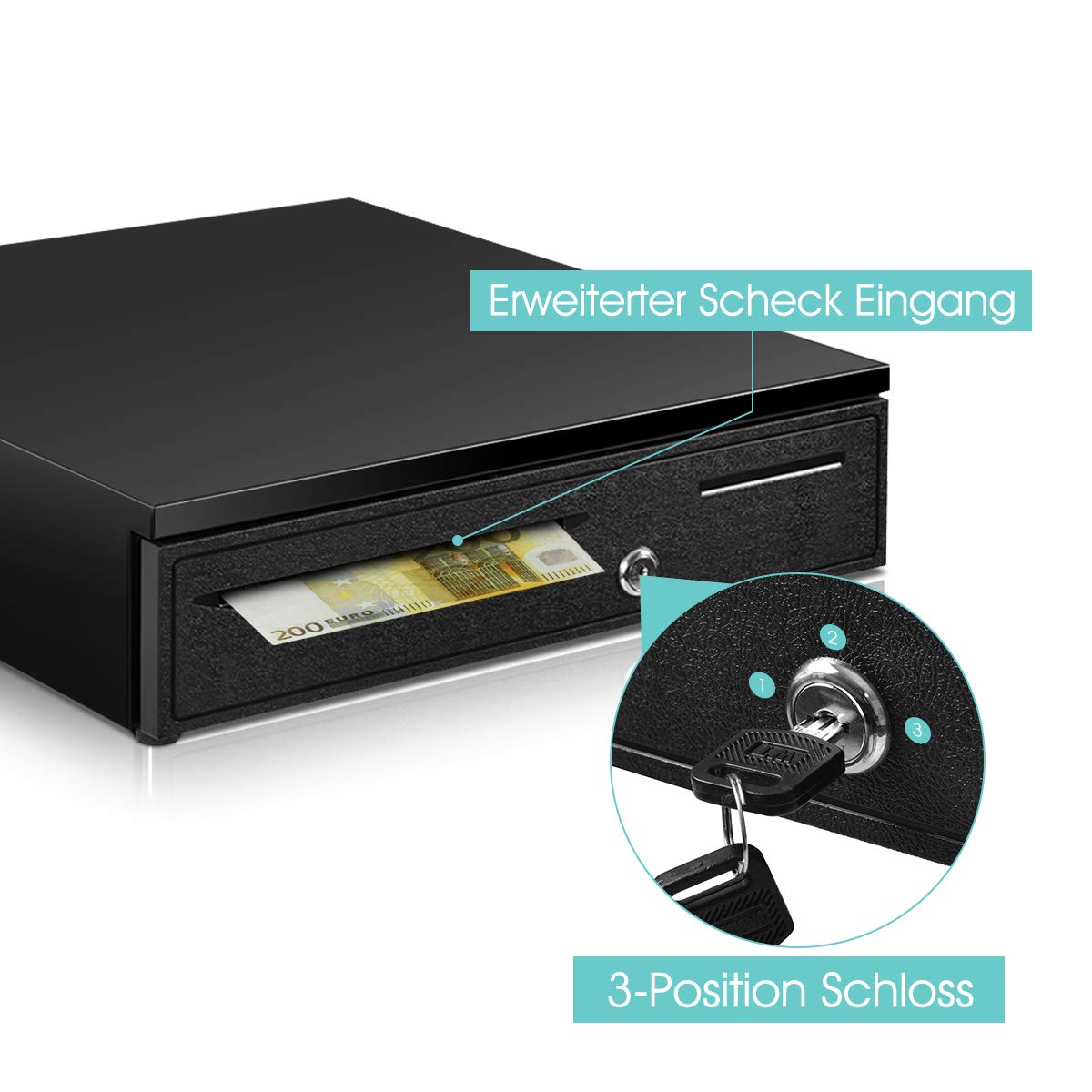 DREAMADE Kassenschublade mit Elektrisch/Manuell Öffnen, Geldschublade Geldkassette, Cash Drawer mit 5 Fächer verstellbar, Geldzählkassette Münzeinsatz Kassenlade, Schwarz