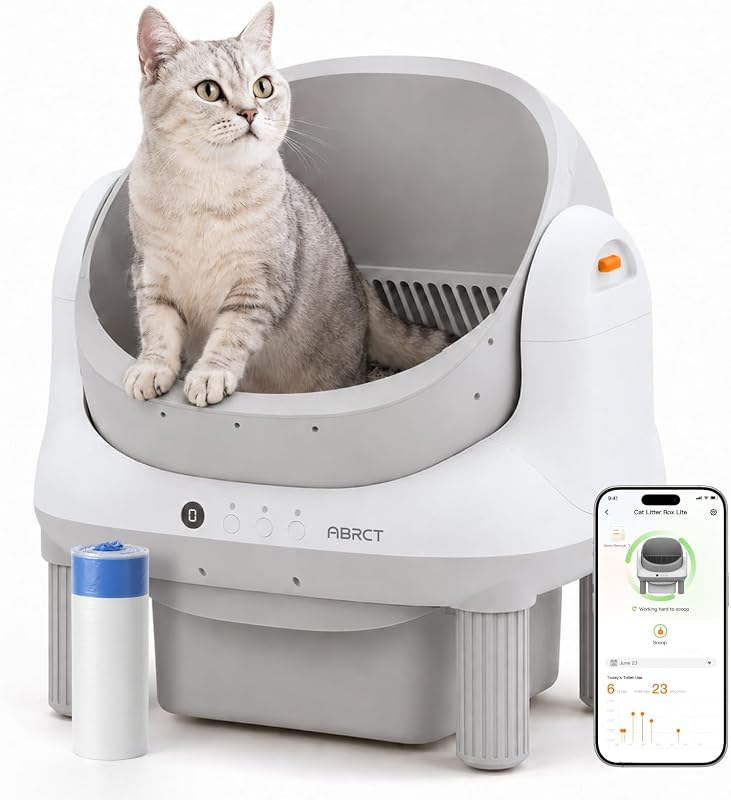 ABRCT Open Top L1 Self Cleaning Litter Box,Electronic Hands-Free,Smart Robot,Automatic Cleaning Litter Box-App Control & Safe Anti-Pinch,with Safety Sensors & Liner for Small & Medium-sized Cats,White