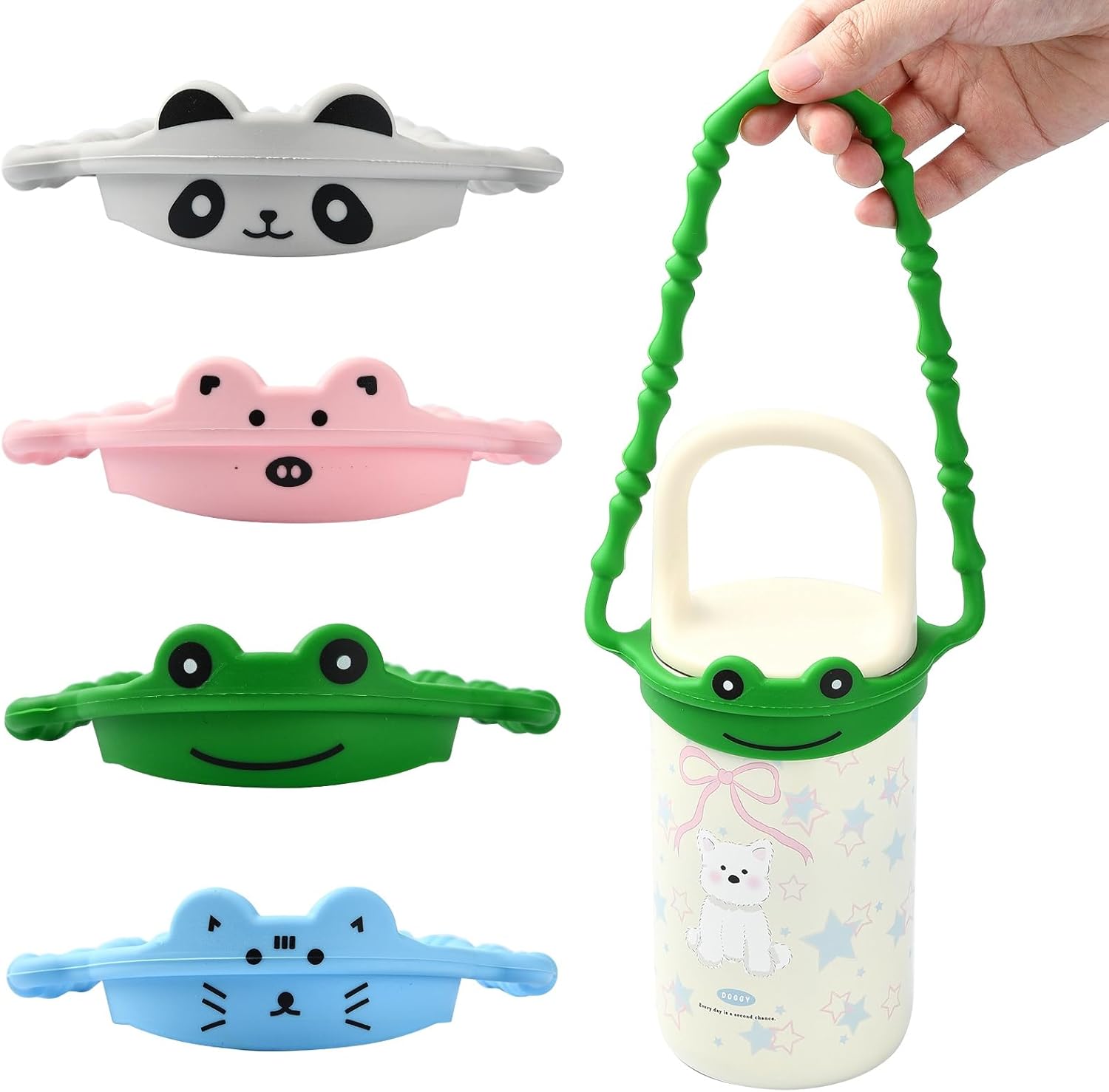 Ipotkitt 4pcs 4 Colors Silicone Braided Cords Cute Animal Holders Cat Pig Water Bottle Handle Straps for Outdoor Walking Hiking Camping Drinks Cup Decor