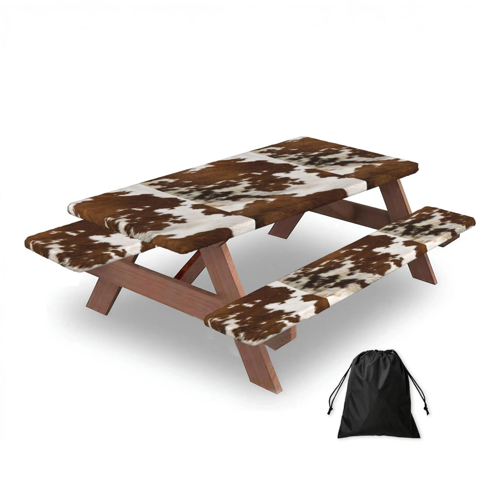 Dopklna As Picture Red And White Cowhide Printing, Picnic Table Cover With Bench Covers -Waterproof Elastic Fitted Tablecloth For Garden Camping Patio 76X152cm