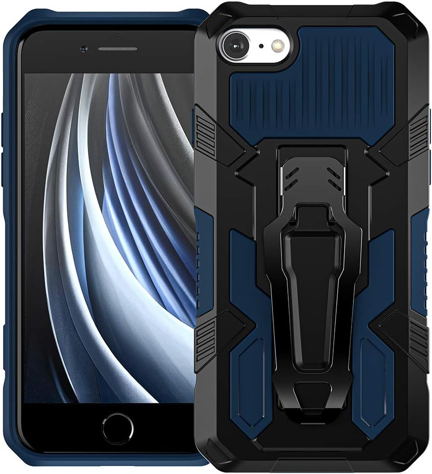 iPhone SE 2020 Case,Heavy Duty SE 2020 Phone Case,[Built-in Clip][Kickstand][Dual Layer][Shockproof] Non-Slip Hybrid Rugged Case Cover for iPhone SE 2020 (Black + Blue)