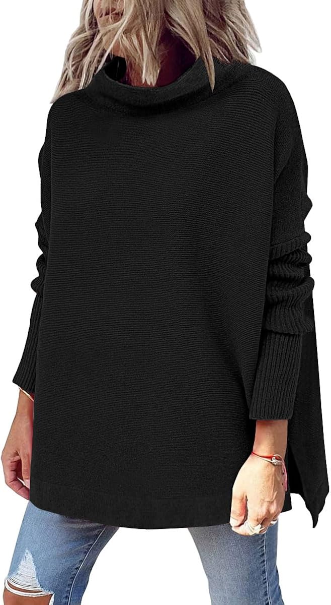 LILLUSORY Women's Mock Turtleneck Sweater Long Batwing Sleeve Split Hem Casual Oversized Knit Pullover Tunic Tops Small Black