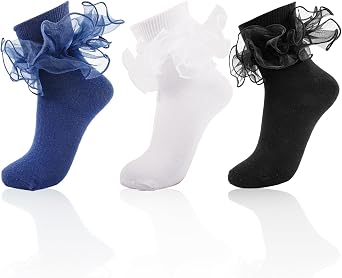Womens Ruffle Socks Adult Double Lace Frilly Turn Cuff Dress Socks