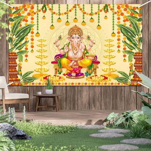 Image of Pooja Ganpati Decoration Banner Indian Puja Cloth Items Backdrop Traditional Chatiya Ganesh Mehndi Photography Background Festival Wedding Party Marigold Garlands Photo Booth 70.8x43.3inch