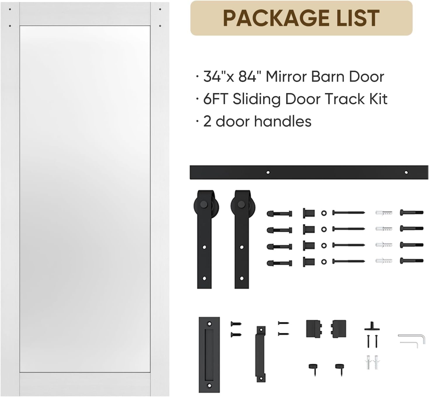 BARNSMITH 34in x 84in Mirror Barn Door with 6FT Sliding Door Hardware Kit Included, 1 Lites Full Length, Solid Wood Water-Proof PVC Surface,No Assembly Required,White