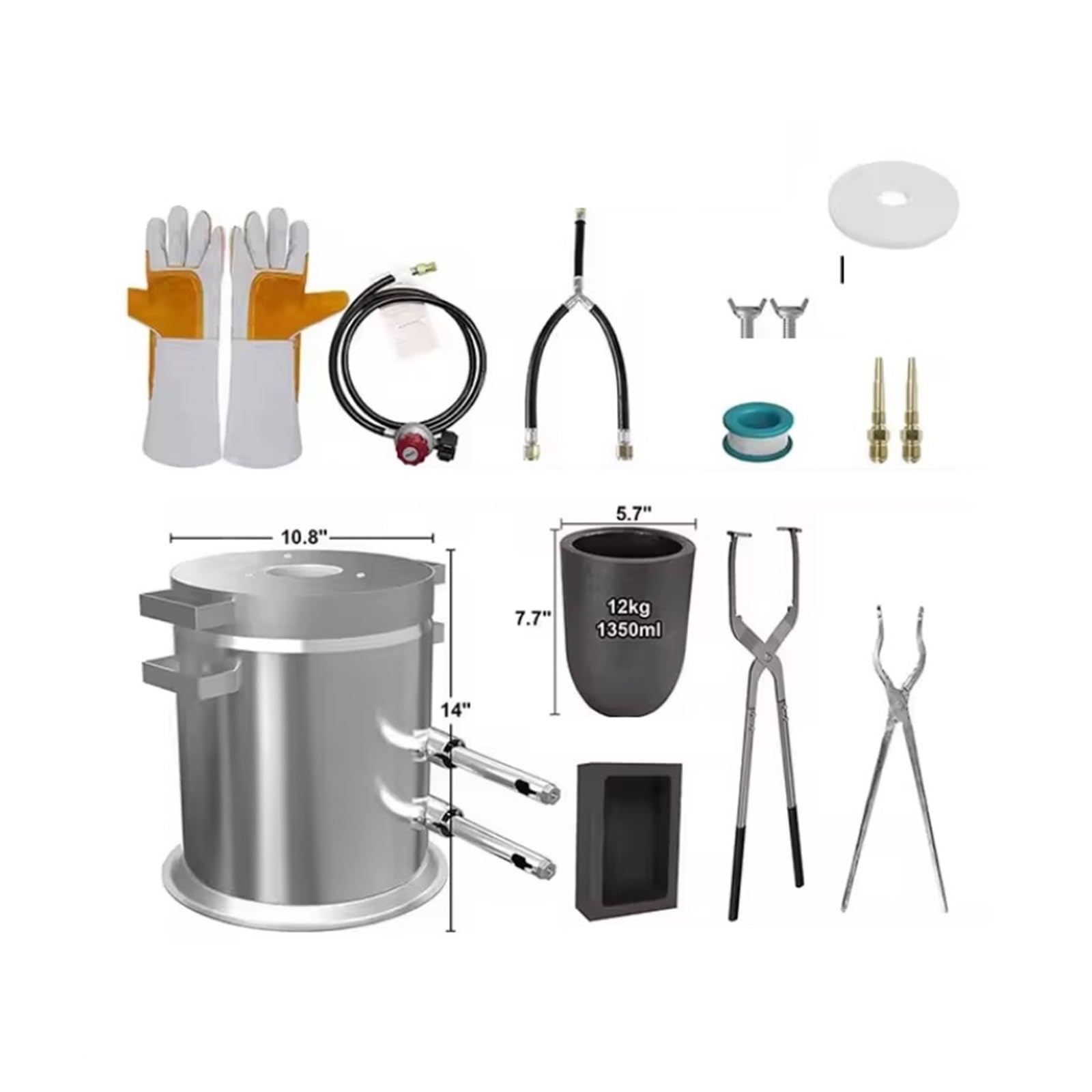 Kit grande de 12 kg con dos pinzas for crisol, metal for horno fundición totalmente acero inoxidable