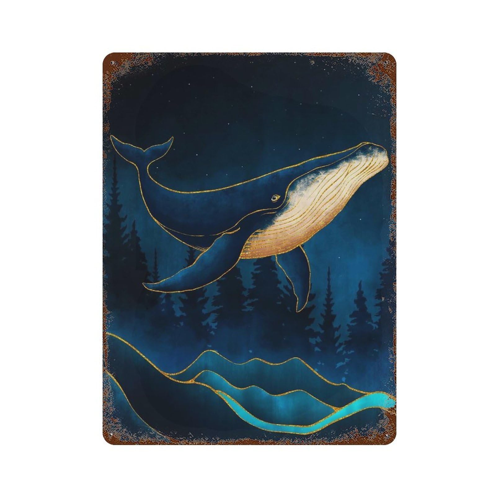 Whale Illustration Rust Effect Tin Sign 15.7"x11.8", for Bistro, Counter And Cafe Decor, Decorative Metal Wall Art