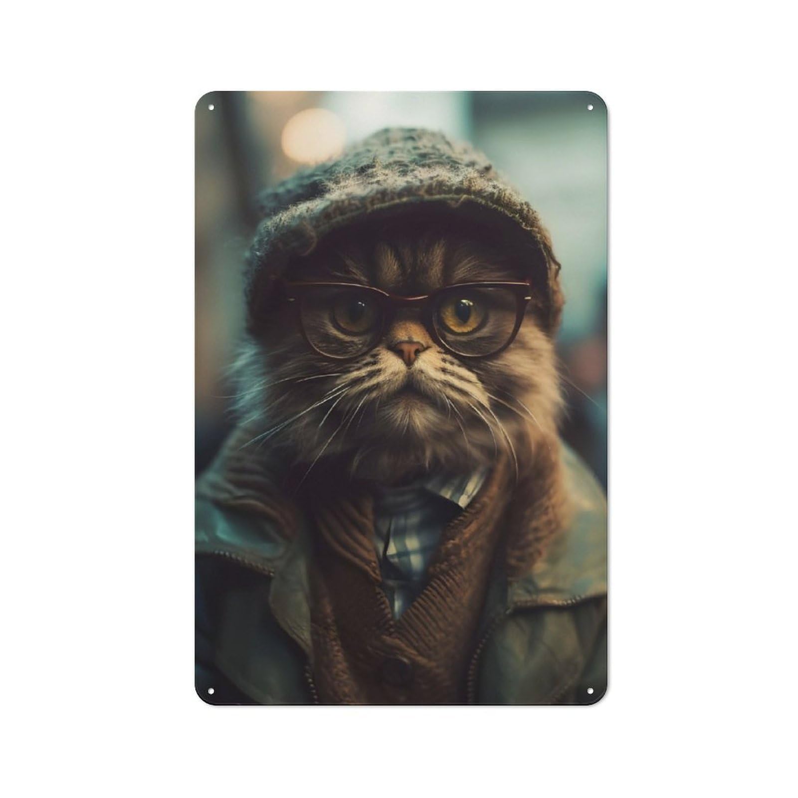 Junmoney Cool Cat Hipster Portrait For Lounge Or Reading Corner, Rustic Tin Sign 30X20cm, For An Autumn Update To Lounge And Reading Corner