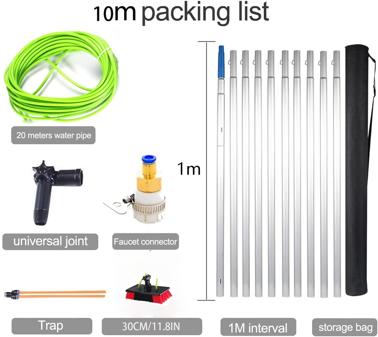 Palo telescópico Extensible para Limpieza de Ventanas – Palo Ajustable de 10 m con Cepillo de 30 cm para una Limpieza de Ventanas sin Esfuerzo, Ideal para Uso doméstico y Profesional.