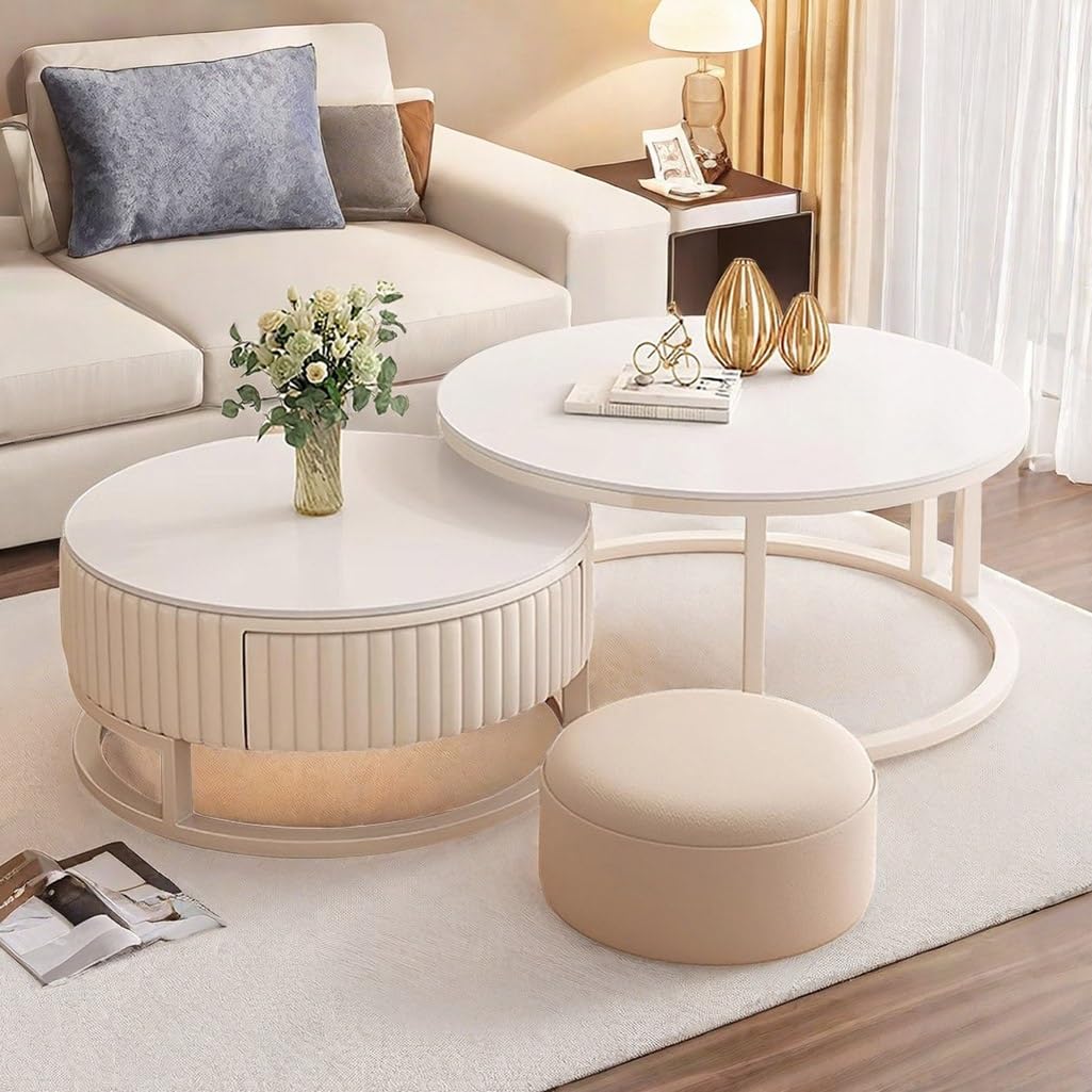 Runder Couchtisch Weiß Couchtisch Rund 2er Set Wohnzimmertisch Nesting Kaffeetisch Für Wohnzimmer, Balkon Und Büro - 70cm+50cm