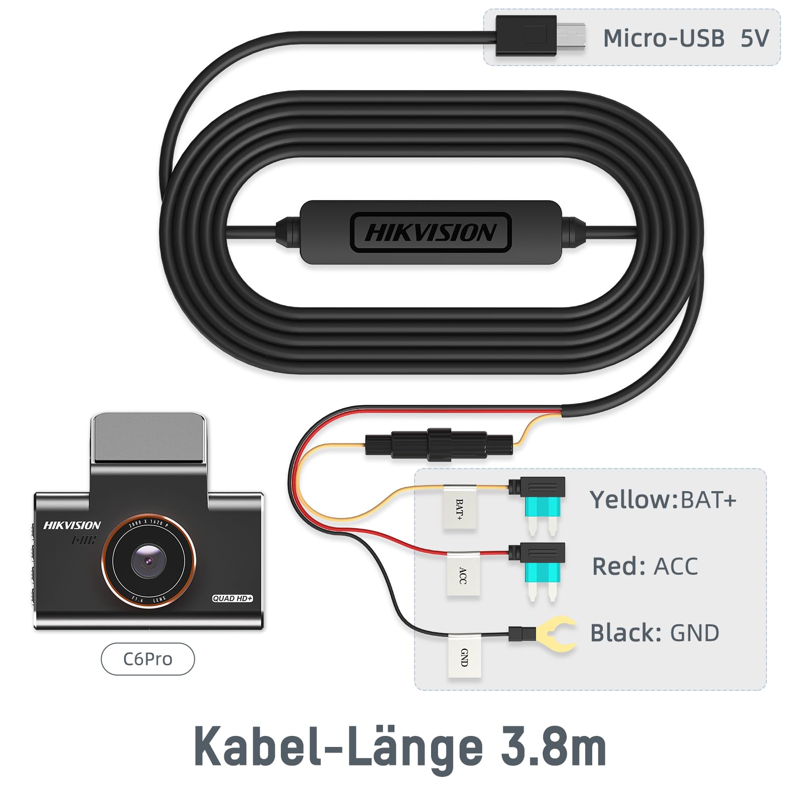 Hikvision C6PRO Buckline, Micro Hardwire-Kit, 12.5ft/3.8 Meter Auto-Ladekabel-Kabel, Parküberwachung mit Unterspannungsschutz, für Dashcam 24Std. Parkmodus