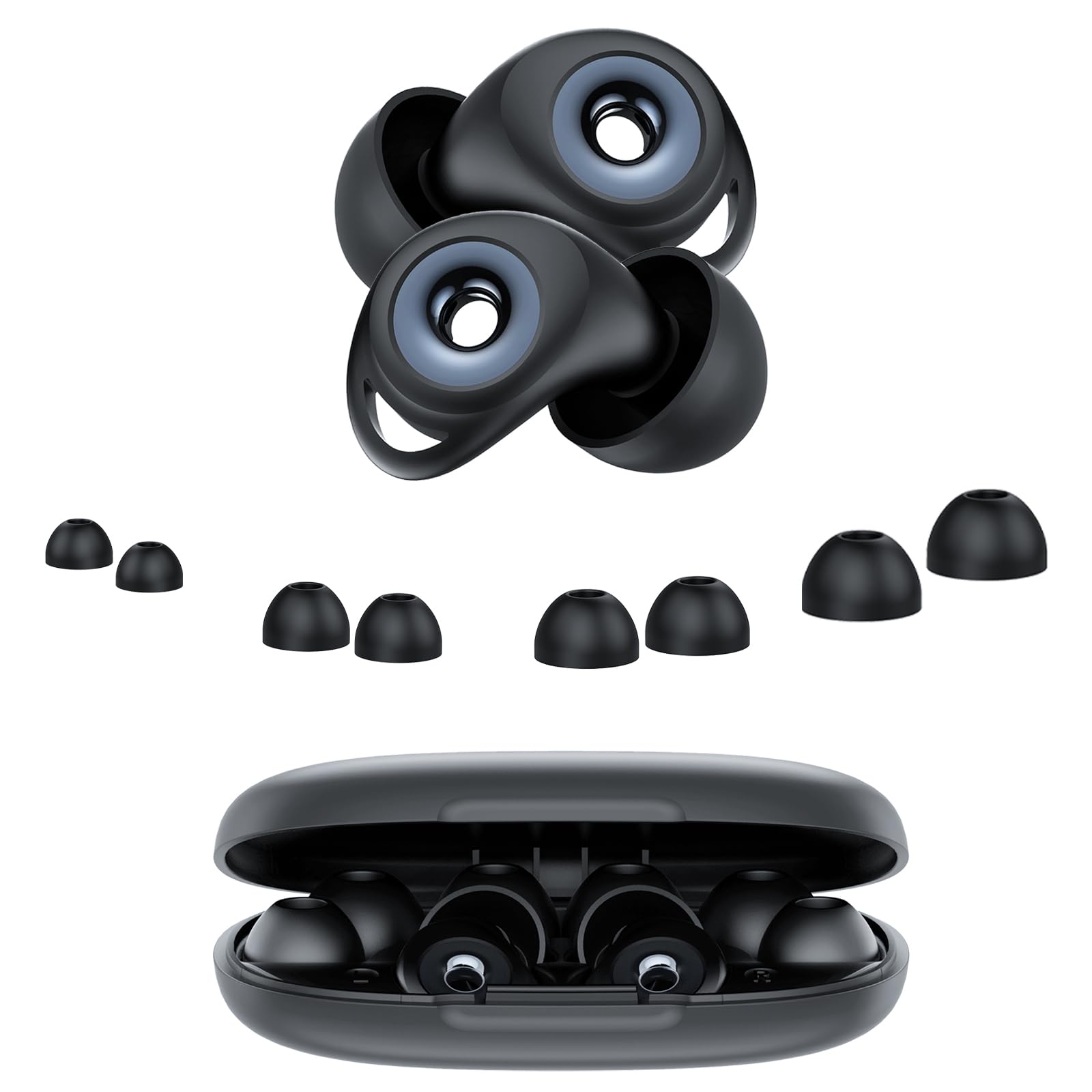 Tappi per le orecchie in silicone antirumore per dormire 32dB | lavabile, riutilizzabile, 4 taglie XS/S/M/L, custodia inclusa, per dormire, russamento, viaggio, concerto, Nero bitume