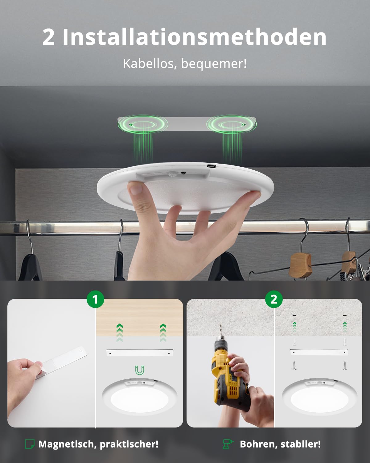 BOJIM Akku Deckenleuchte Bewegungsmelder für Innen Badezimmer IP44 Licht Batterie Deckenlampe Garage Flur, LED USB Aufladbare Ohne Stromanschluss Bohren Batteriebetriebene Kellerlampe Fernbedienung