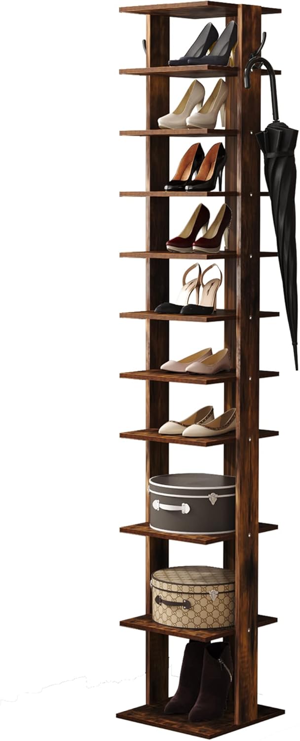 HOME BI Narrow Shoe Rack, 10Tier Wood Shoe Shelf, Vertical Shoe