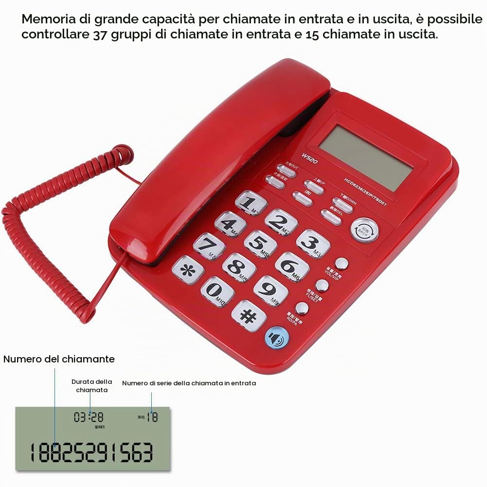 Telefono Vivavoce Fisso, Selezione Rapida a Due Tasti Telefono Aziendale Semplice e Conveniente a Risparmio Energetico per Office Home Hotel(Rosso)