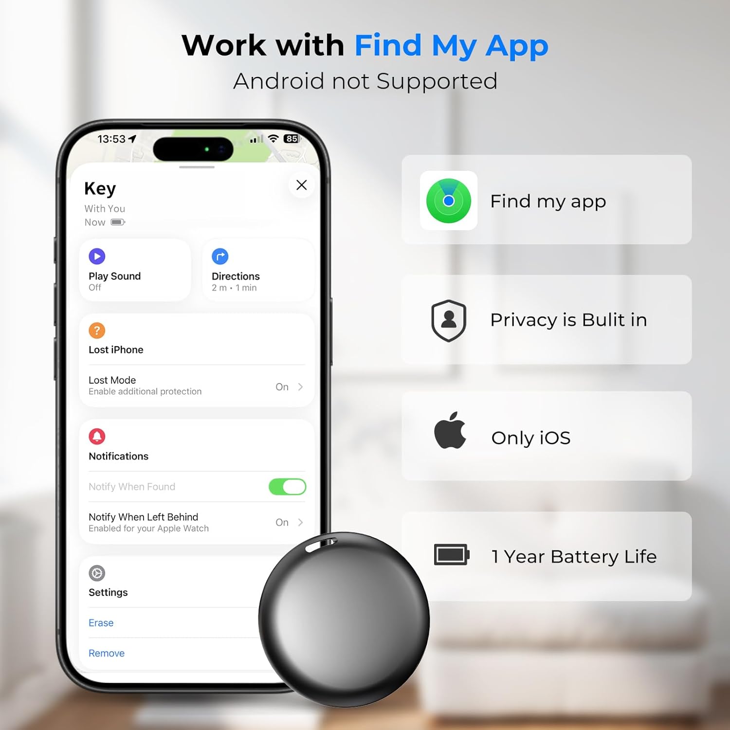 Air Tracker Tags 4 Pack - Bluetooth Wallet Tracker, Keys Finder Work with Apple Find My (iOS Only), Smart Item Locator Tags for Luggage, Backpack, Phone (Black) - Image 2