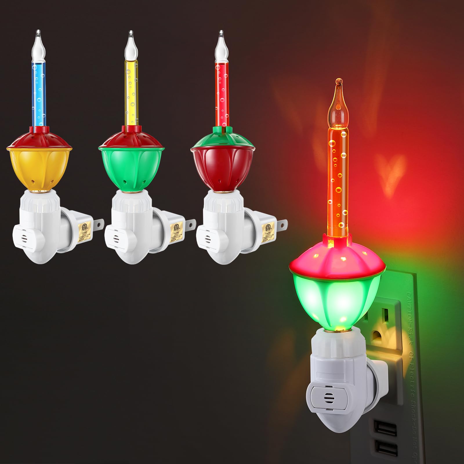 Feekoon 3 Pack Christmas Night Light with Dusk to Dawn Sensor, Multi Color Bubble Fluid Lights, Plug into Wall for Home Bedroom Party Wall Decor