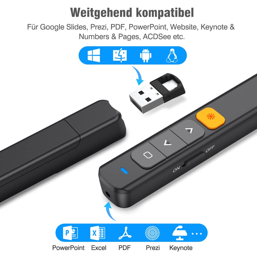USB C Presenter für Mac, 2.4 GHz Wireless Presenter Verbindung via Typ C und USB Empfänger, Powerpoint Fernbedienung mit Stiftclip, Präsentationsfernbedienung für Windows,Mac IOS,Android,Vista,Linux