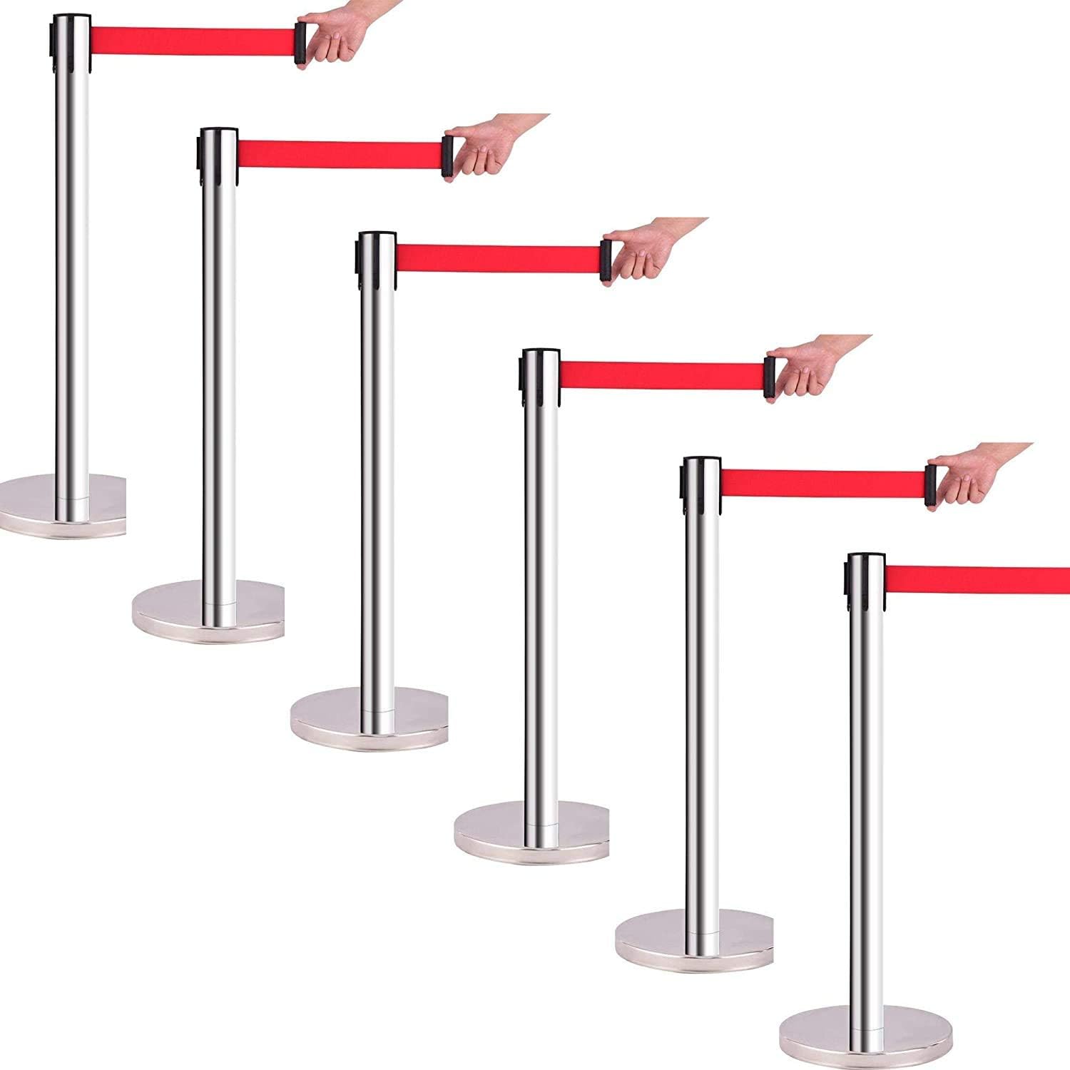 XRTLYH 6Pcs Belt Stanchion, Queue Rope Barrier with Retractable Red Belt, Polished Stainless Steel Durable Base, 4 Way Combinable Poles
