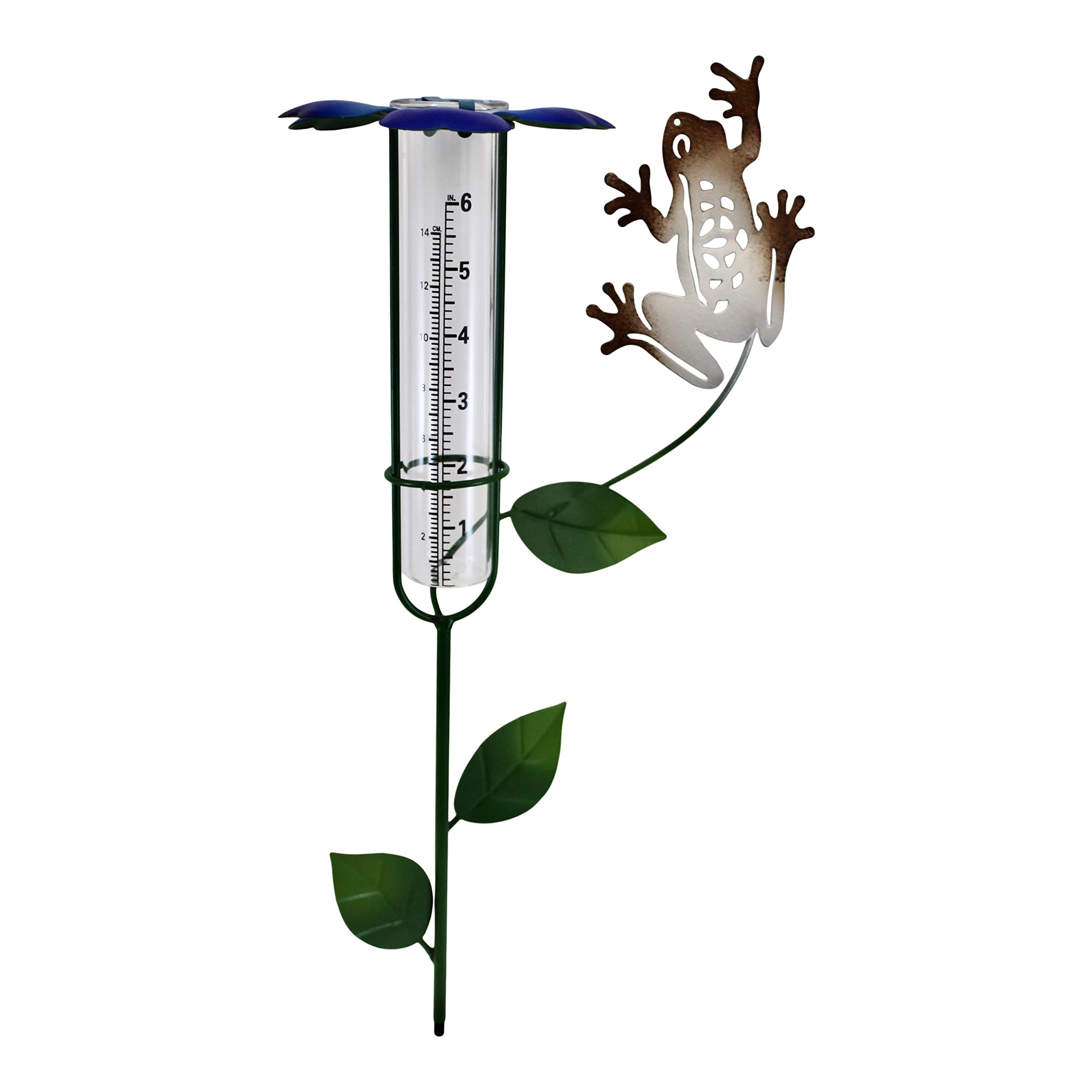 Gift Essentials Medidor de lluvia de metal para patio y jardín, mide hasta 6 pulgadas de lluvia, 50 cm de alto, rana con flor azul