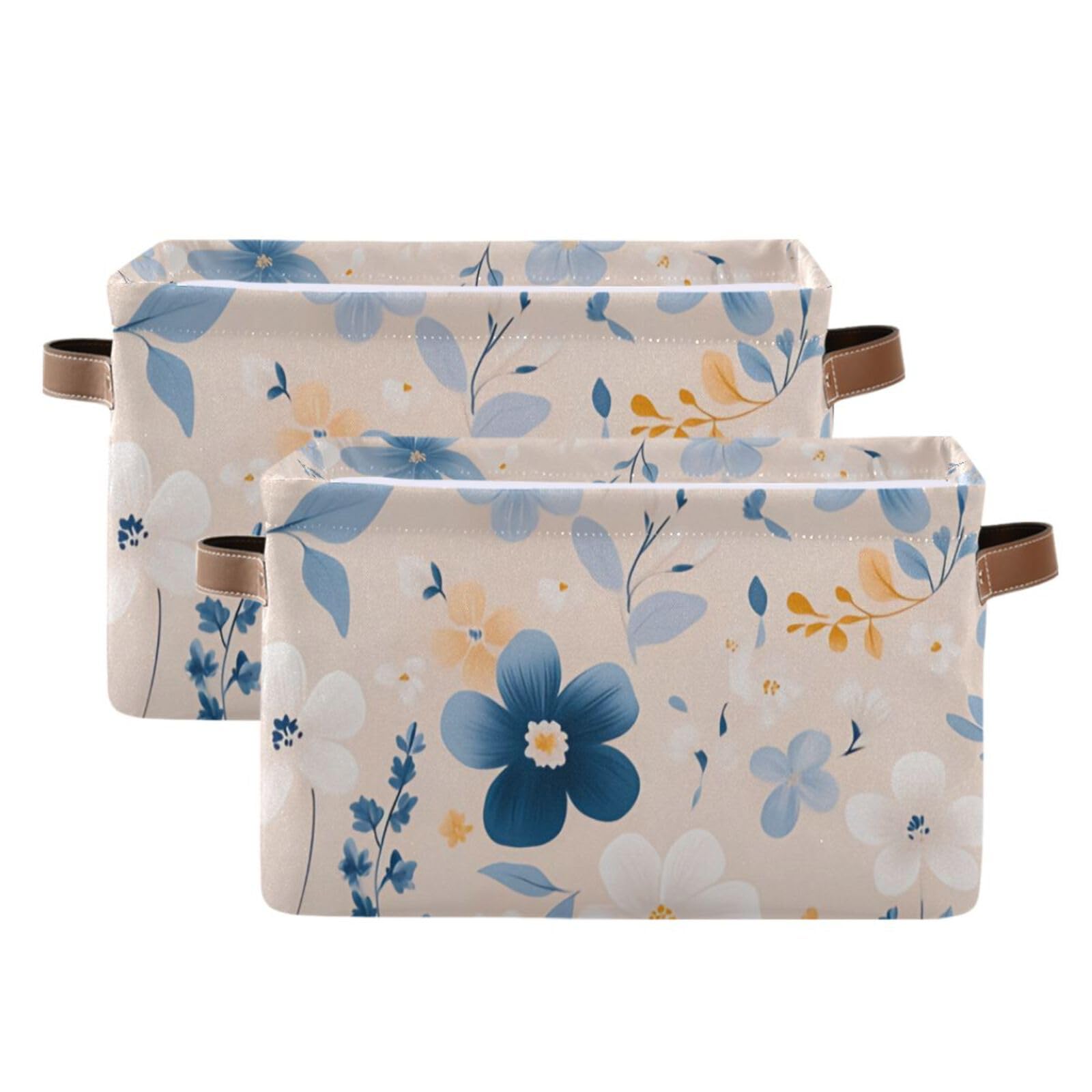 PaChyLuu Flowers and Leaves Storage Basket Bin Canvas Fabric Organizer Toys Basket with Handles for Home Office Nursery, Clothes, Gifts, 2 Pcs