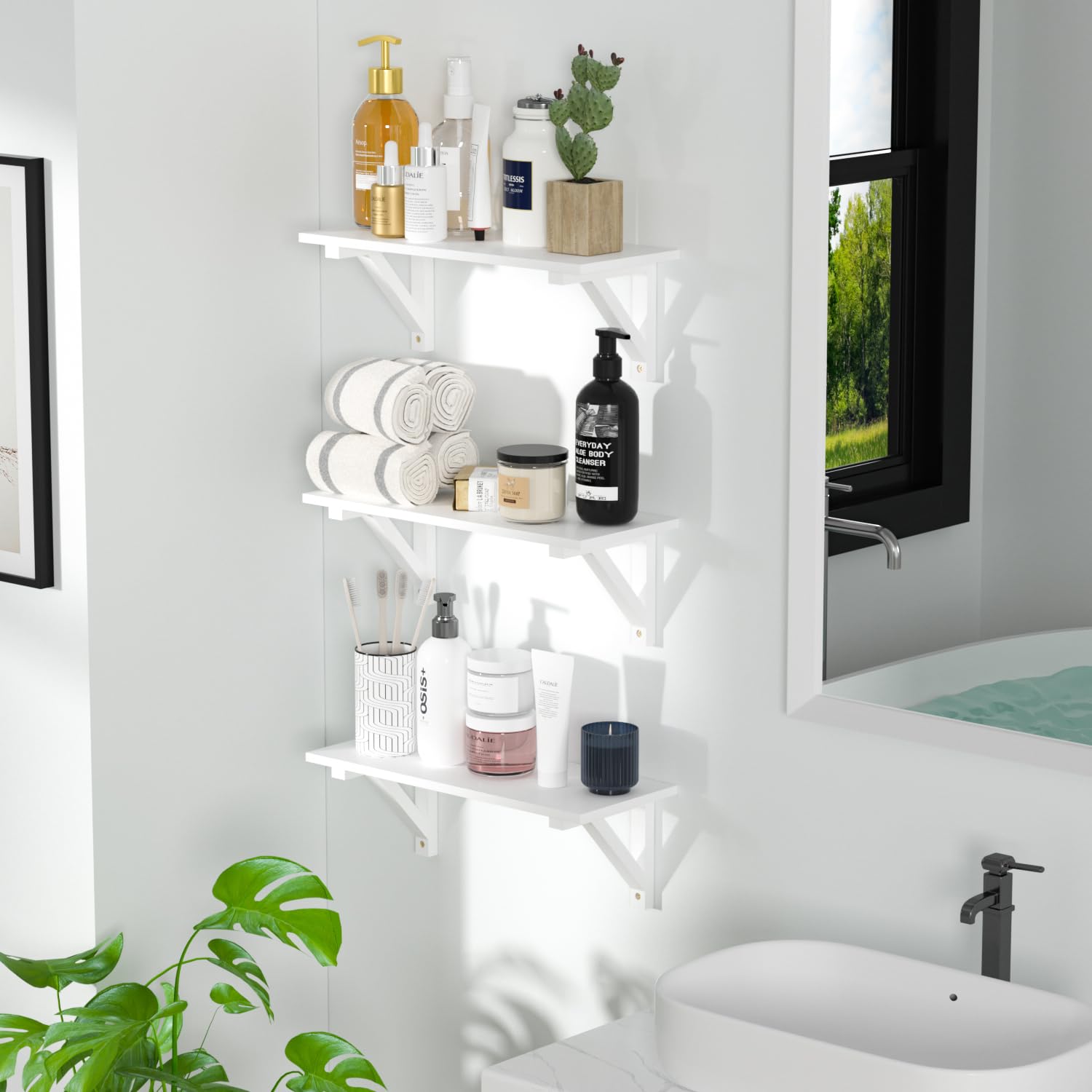Estanteria Pared de 3 Niveles, Estantes de Pared de Madera Natural, Baldas Pared Ideal para Salon, Dormitorio, Baño, Estudio, Cocina, Oficina, Pasillo, Blanco