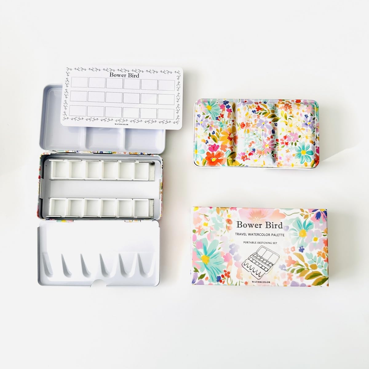 Bower Bird Empty Watercolor Palette, Metal Tin Palette for Artist Watercolors,Unique Pattern Metal Watercolor Paint Tin for Watercolors Oils and Gouache (12 Half Pans-Flower)