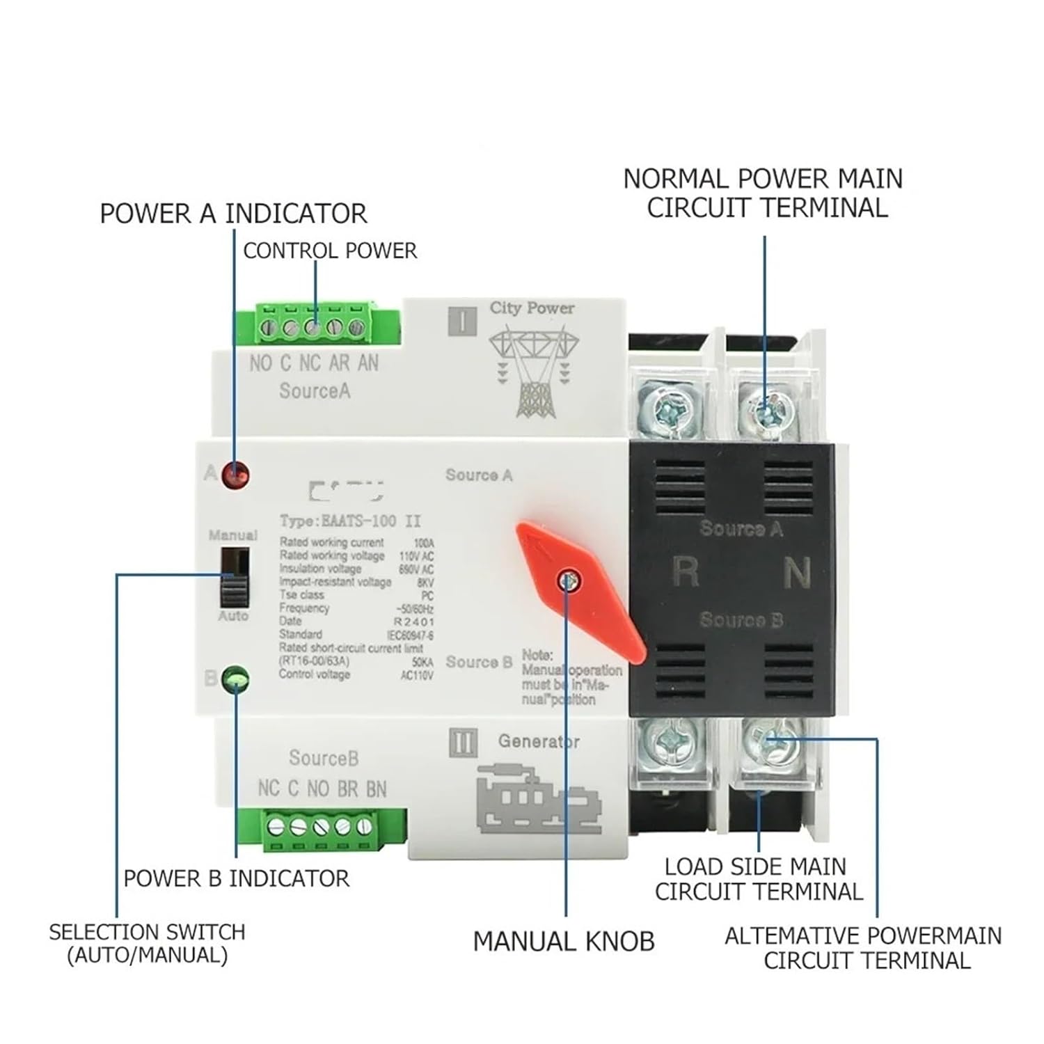 2/3/4P 100A 110V/220V Mini ATS Automatic Transfer Switch Selector Switch Dual Power Switch PV Solar DIN Rail(3P,110V)