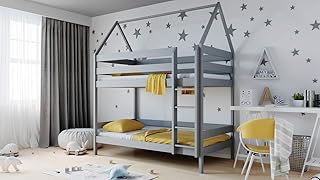 WFL GROUP Letto a Castello Design Casetta per Bambini 90x190 90x200 80x160 cm Letto a Castello 2 posti per Bambini in Solido Legno di Pino - 160x80 cm - Grigio