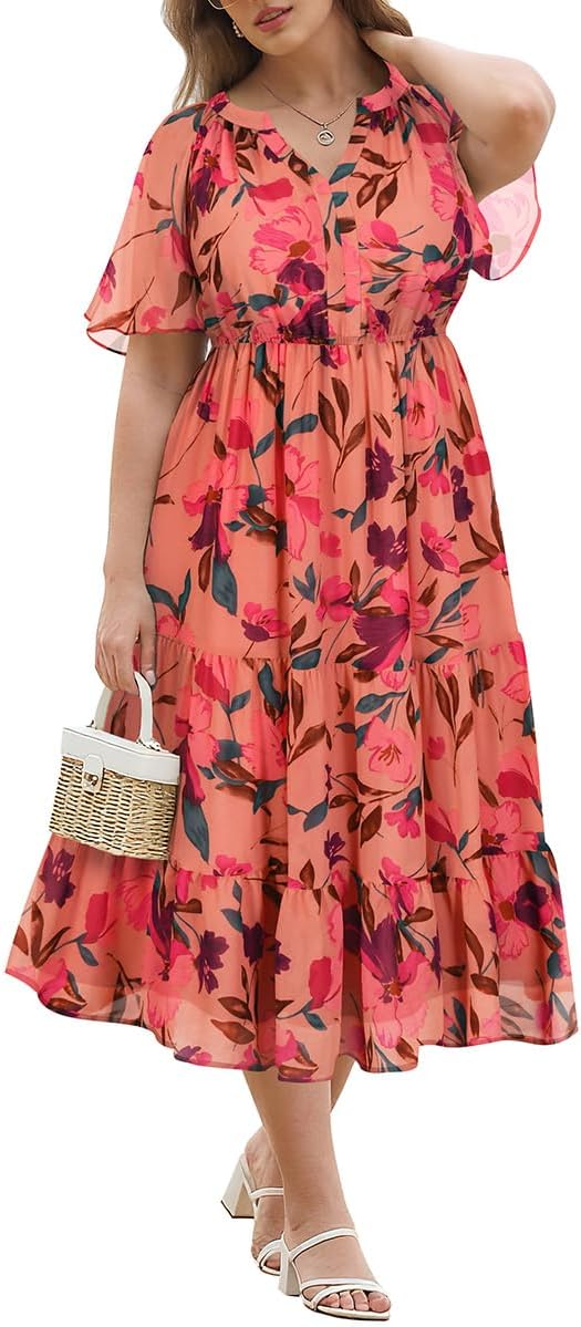 RITERA Plus Size Summer Dresses Short Sleeve V Neck Flowy Midi Dress Chiffon Boho Floral Beach Party Wedding Guest Dress