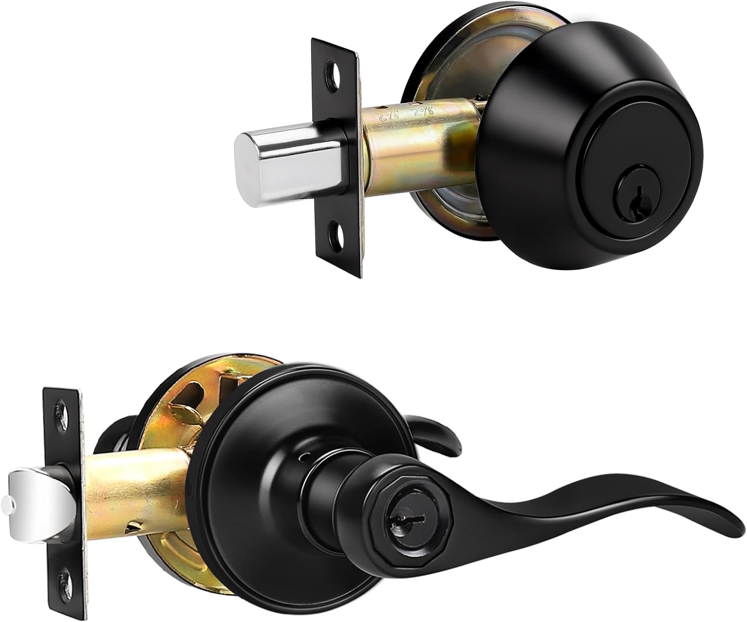 Probrico Front Door Handle and Double Cylinder Deadbolt Set, Black Exterior Door Handle with Deadbolt Lockset,Wave Reversible Door Lever Locks with Deadbolt Set, 1Pack
