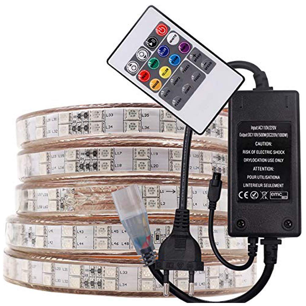XUNATA IP67 Kit de tiras de LED RGB a prueba de agua, controlador remoto de 20 teclas, SMD 5050 120LEDs / m Cuerda de luz, CA 220V 240V Iluminación interior para interiores con alimentación (7m)