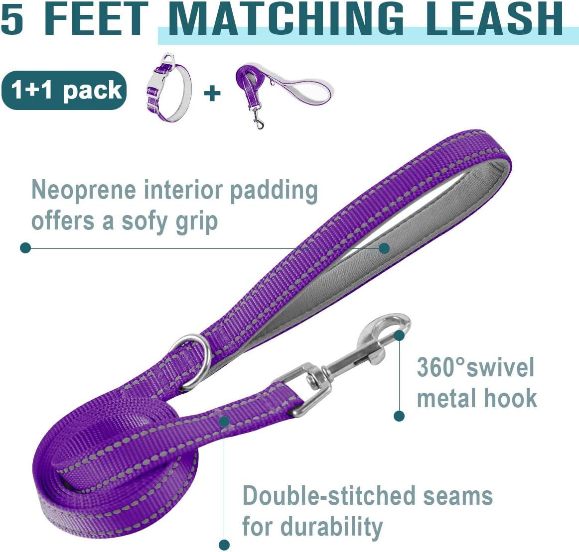 Dog Collar for Medium Small Large Dogs Reflective with Leash,Collar and Leash for Dogs,Soft Neoprene Padded 2 Pack(Purple,M) Medium:Width 1",Neck 14-20" Purple image 5 of 8 B09327WC9L