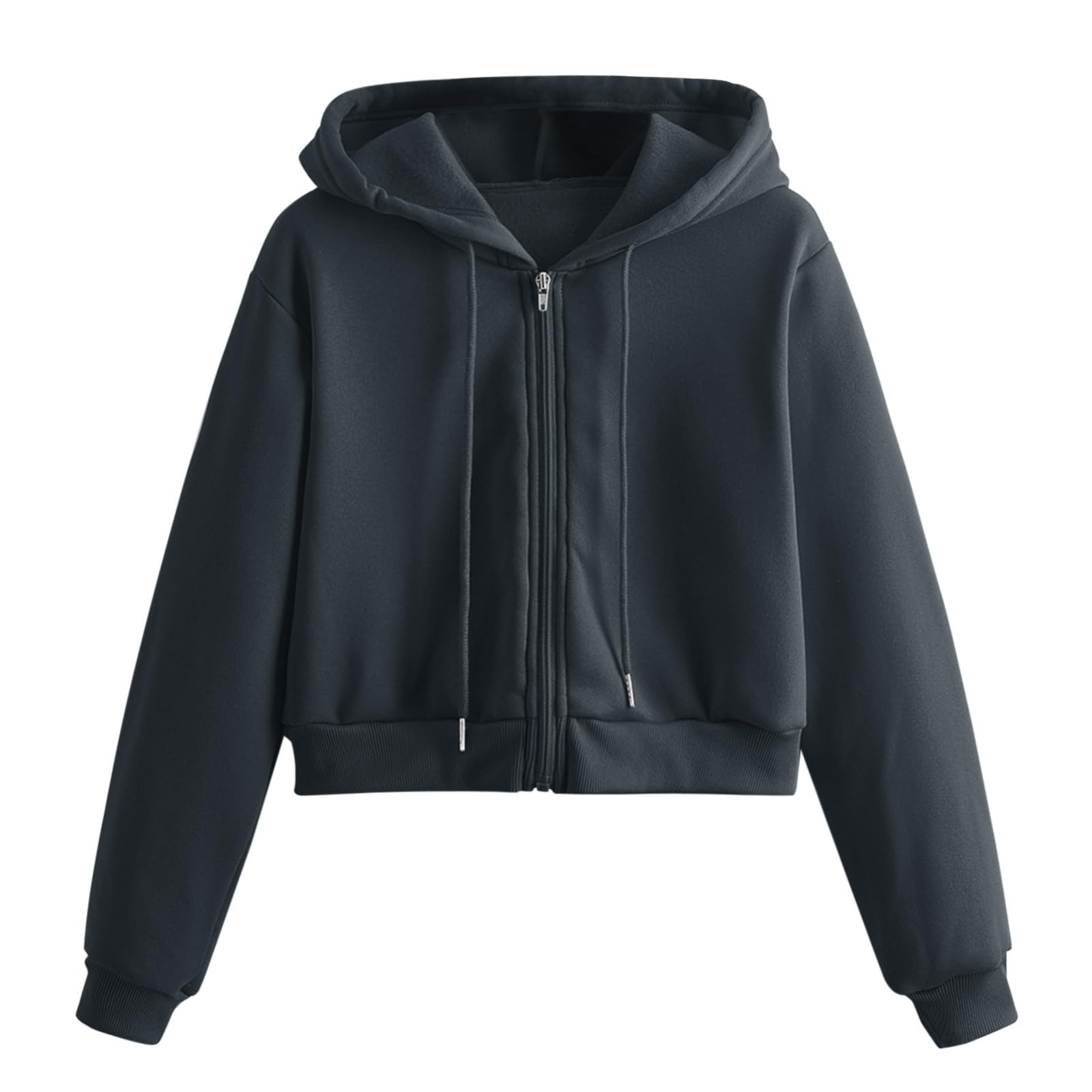 Generico Sweat-shirt court noir pour femme avec fermeture éclair – Sweat à capuche surdimensionné pour femme, doux, léger, gris, haut de sport, thermique, confortable, vêtements d'automne, mode, avec