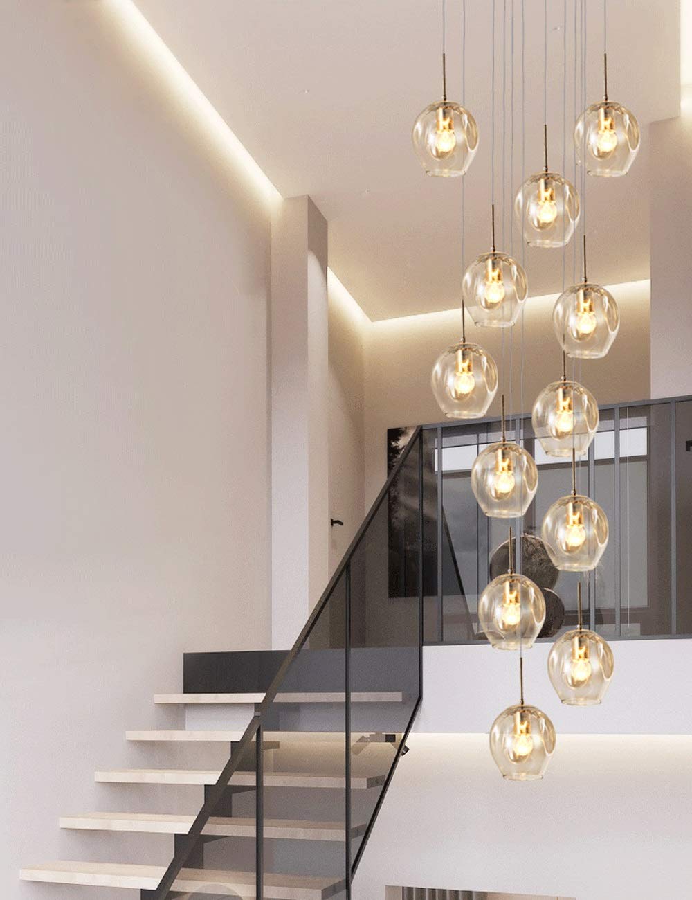 PCXEHUYP Modern creative chandelier Glass Balls Staircase Multi Lights Duplex Building Large Pendant Light Villa Hollow Living Room Small Apartment Loft Rotating Long 50x220cm (Color